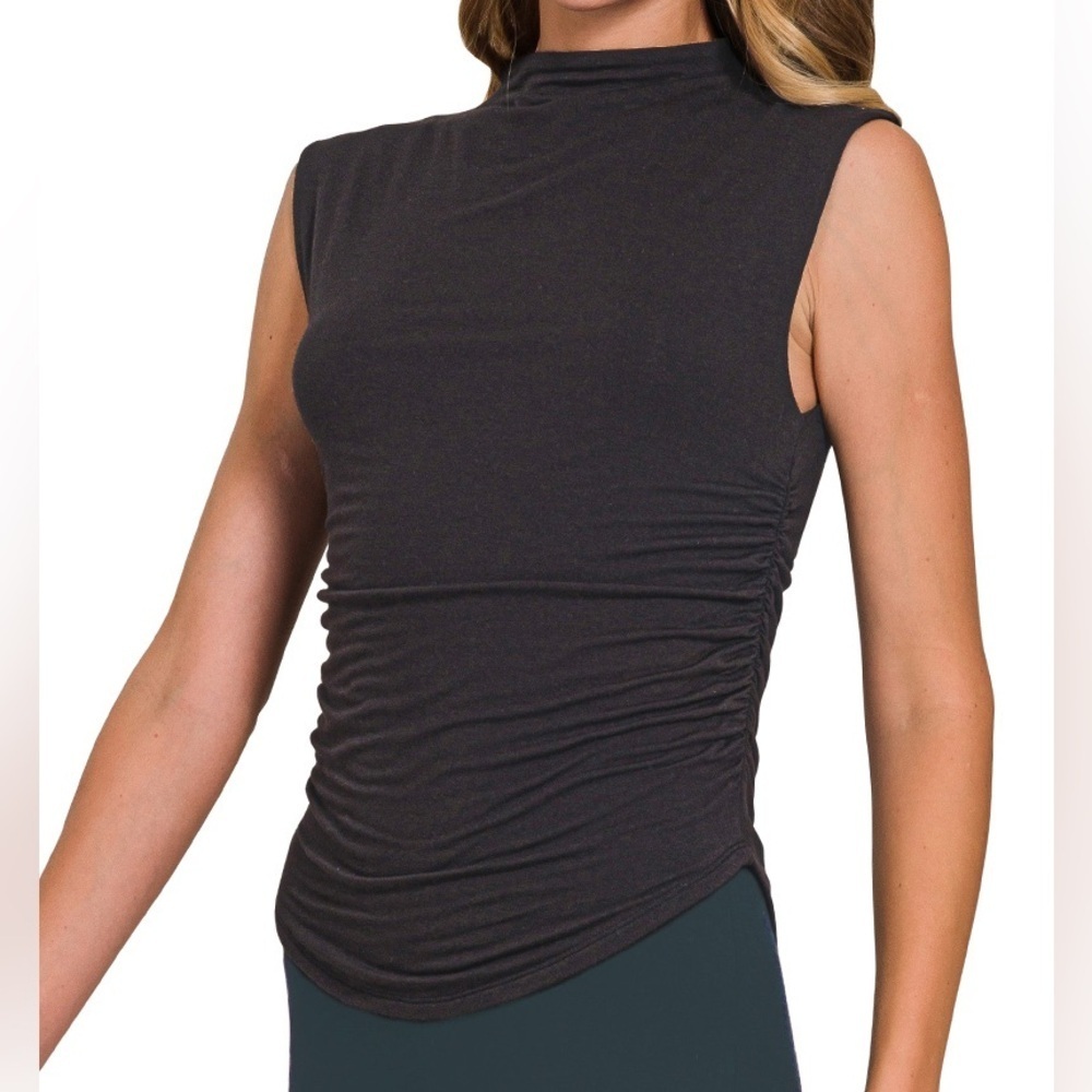 The “Moonbeam Tank”  Double Layered Ruched Side Mock Neck Tank | White